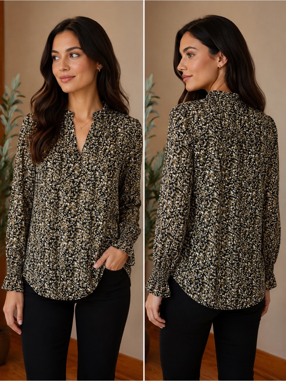 487. Floral Print Long-Sleeve V-Neck Blouse in Black and Cream